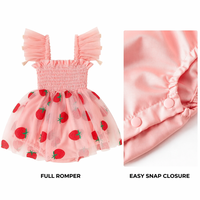 Robe d'été pour nouveau-né, barboteuse à corsage smocké, bretelles à volants en tulle, jupe à motif fraise, entrejambe à boutons-pression, robe d'été pour bébé