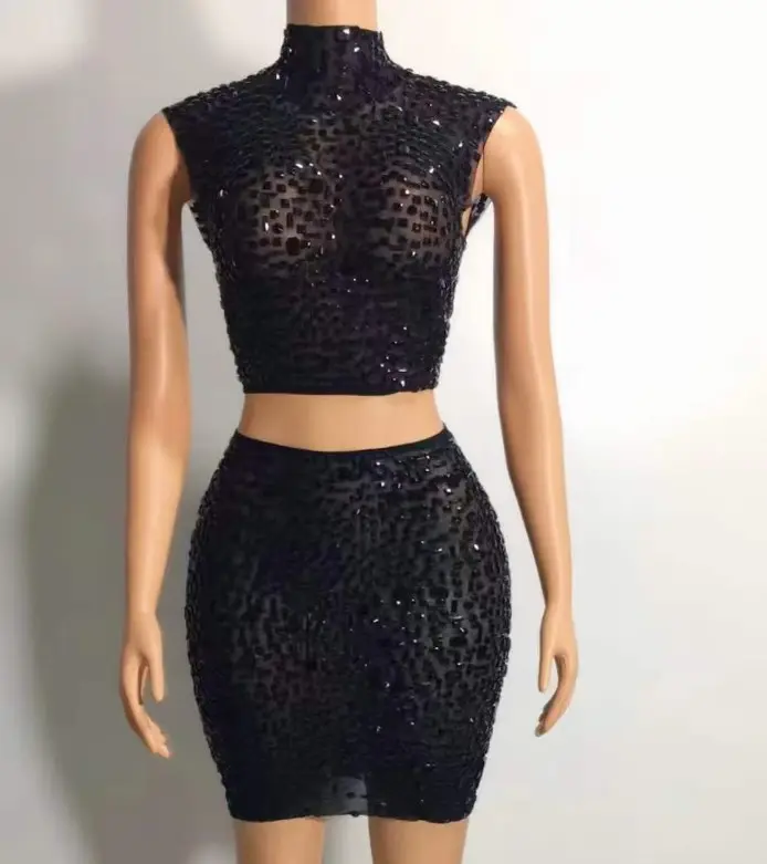 Ocstrade Most Popular Products For 2023 Sleeveless Glitter Rhinestone Crop Top And Mini Skirt Sexy 2 Pieces Set Party Dress