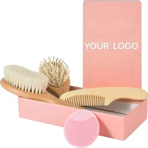 Factory Direct Sale Newborn Baby Hairbrush 4 In 1 Custom Logo Natural Eco-friendly Wooden Baby Hair Brush And Comb Set