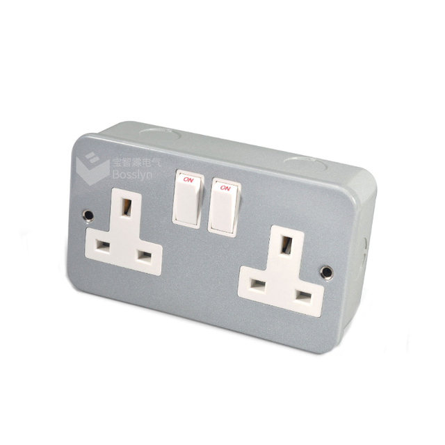 UK Standard 2 Gang Waterproof Wall Switch Socket Stainless Steel 13A 250V Wall Outlet