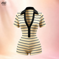 Combinaison courte rayée à manches courtes pour femme, col polo, col en V, boutonnée, coupe ajustée, style bodycon, décontractée, été, une pièce, pour femmes