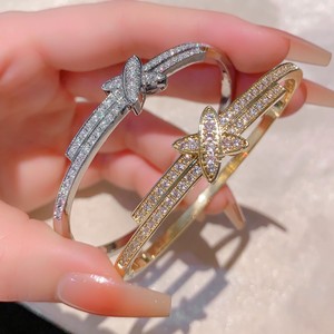 Cross Bangle Gold And White <b>Copper</b> Alloy Micro Insert Diamond Set Women's Party Jewelry Fashion Cuff <b>Bracelet</b> - Product Image 1
