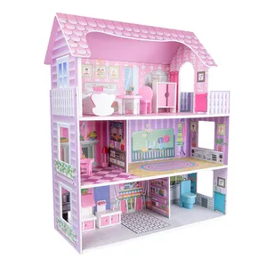 High Quality Girl Birthday Present Holiday Educational Toys 3 Layers Pink Big Villa Wood Doll House For Kids Girls