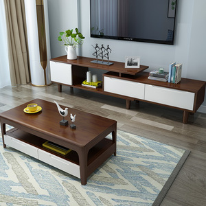 Ensemble de salon extensible en bois massif nordique, meuble TV et table basse, couleur bois naturel blanc - Product Image 2