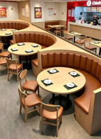 Ensemble complet pour restaurant rapide : Banquette rembourrée en L avec tiroir de rangement, table et chaise de salle à manger en bois clair, et ensemble de salon