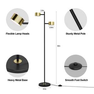 Lampadaire LED moderne réglable à 2 têtes, support de température noir et or à 3 couleurs pour chambre à coucher, salon, bureau avec abat-jour en métal - Product Image 2