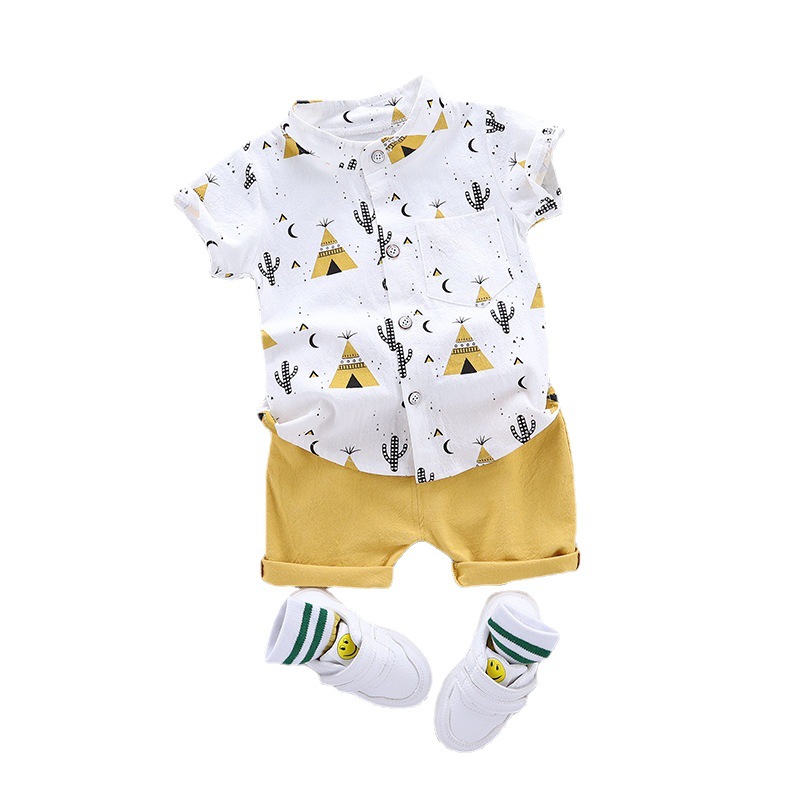 Рубашка с воротником-стойкой для мальчиков, детский комплект одежды с коротким рукавом и мультяшным КАКТУСОМ и принтом для мальчиков