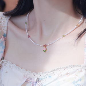Delicate Sweet Cute 18K Gold Tulip <strong>Pendant</strong> Natural Freshwater <strong>Pearl</strong> Tourmaline Fine Beaded <strong>Necklace</strong> - Product Image 2