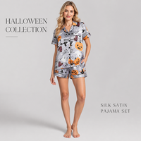 Ensemble de pyjama décontracté pour femme, Halloween, gris, en polyester satiné, imprimé citrouille et fantôme, manches courtes, short, 2 pièces, vente en gros