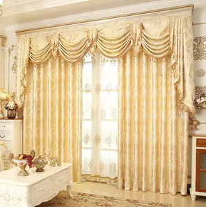 Wholesale curtain coffee brown-Wholesale High Quality Hotel Ready Made Cortina Luxury Golden Yellow Jacquard Curtain Modern With Attached Valance