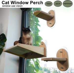 Scaffali a muro per gatti in legno massello JUNJI con posacchio 2-in-1 con amaca e grande letto per gatti a 3 strati montati su finestra per animali domestici - Product Image 3