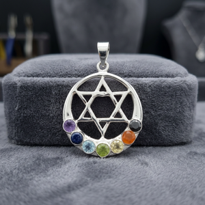 Circle Pendant With Star Of David And Seven Gemstones Inlayed For Chakra Healing - Product Image 3