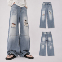 Jean ample mi-long pour homme, coupe large, coupe-vent, tricoté, écologique, style Hip Hop, délavage clair, denim Y2K, déchirures au genou sablées