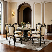 Luxuriöses Europäisches Rundes Massivholz-Esszimmer-Set mit Marmorplatte und Drehplatte, Cremefarbene PU-Lederstühle für Villa und Zuhause, Großhandel
