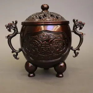 incense holder design customized incense burner tripod dragon handle metal craft brass curving hollow lid antique censer
