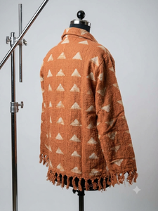 Bohemian Hand Block Printed <b>Fringed</b> <b>Jacket</b> for Women Stylish Ethnic Open Front Cotton Layering <b>Jacket</b> with Tassel Detail - Product Image 3