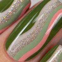 Faux ongles à presser vert sauge, longs, carrés, motif tourbillon, avec lignes argentées scintillantes, logo personnalisé, réutilisables, vente en gros