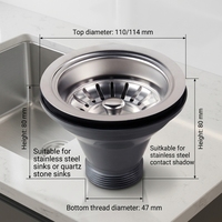 Évier de cuisine au design moderne SS201, égouttoir de 110 mm de diamètre en acier inoxydable finition satinée, connexion filetée, facile à nettoyer