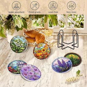 Absorbent <b>Ceramics</b> Stone <b>Coaster</b>-Plant Flowers Style for Tabletop Protection Drink <b>Coasters</b>-Coffee Bar Accessories - Product Image 2