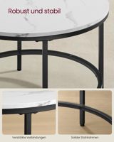 Table basse ronde moderne, étagère de rangement en verre à 2 niveaux, plateau blanc imitation marbre, structure en métal noir, montage facile pour le salon