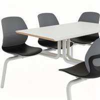 Table rectangulaire blanche design moderne 4 places, chaises en plastique noir, pieds en métal, chaises et tables de restaurant