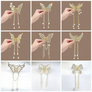 Pince à cheveux papillon haut de gamme en alliage de zinc avec pierre œil de chat et pompon, élégante, style féerique, pour femme, ensemble complet - Product Image 2