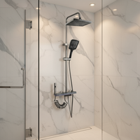 Ensemble de douche mural carré thermostatique contemporain en laiton chromé, avec mitigeur monocommande pour jets pluie et cascade, et fonction d'eau douce