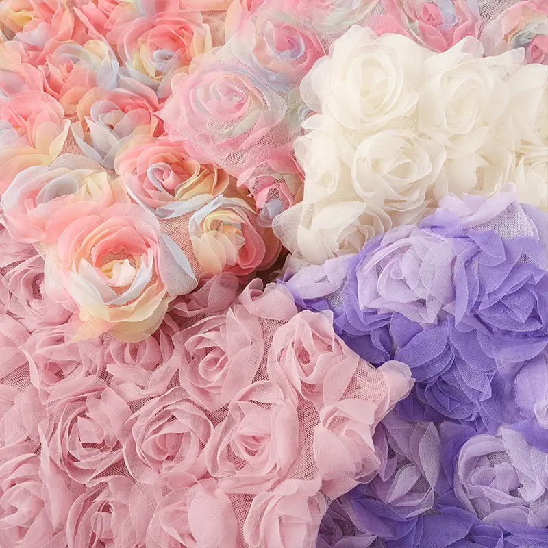 3D Rose Flower Wide Embroidered Cloth Mesh Gauze Embroidery Lace Fabric Rosette Fabric For Dress