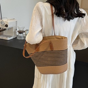 Nuevo Bolso Tote de Mujer con Cierre de Cremallera y Patrón a Rayas, Tejido de Paja, Gran Capacidad, para Playa, Verano, Combinable con Todo, Venta al Por Mayor - Product Image 3
