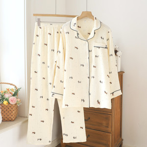 PJ-050 Pyjama en gaze double couche pour femme, manches longues, motif dessin animé, en coton tissé, ensemble de 2 pièces pour la maison - Product Image 4