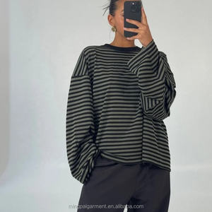 T-<span class=keywords><strong>shirt</strong></span> décontracté surdimensionné à col rond rayé et blocs de couleur pour <span class=keywords><strong>femme</strong></span>, coupe ample, épaules tombantes, style streetwear - Product Image 2