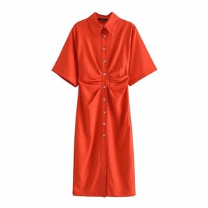 Donne Elegante di Modo Button-up Drappeggiato <span class=keywords><strong>Midi</strong></span> del Vestito Della <span class=keywords><strong>Camicia</strong></span> Del Manicotto Del Bicchierino Dell'annata Cerniera Laterale Femminili Abiti Vestidos - Product Image 5