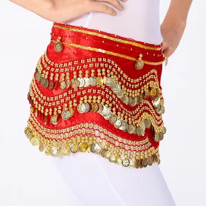 Dance Women Belly Dance Costume Performance Hip Scarf For Women Practice Training Belt Velvet Bollywood Wrap Skirt Gold Coins Indian Adults