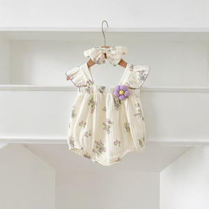 2026年夏新作ベビーロンパース 花柄コットンガーゼロンパース 女の子用カジュアルスイートヘッドバンド付きベビー服 - Product Image 1