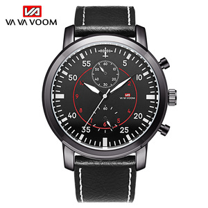 Montre chronographe de style pilote pour hommes, boîtier noir, sangle en cuir avec surpiqûres blanches, montre-bracelet de sport - Product Image 1