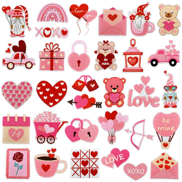 Fashion Embroidered Pink Ron on Embroidery Heat Transfer Patches Valentine's Day Patches for Clothing