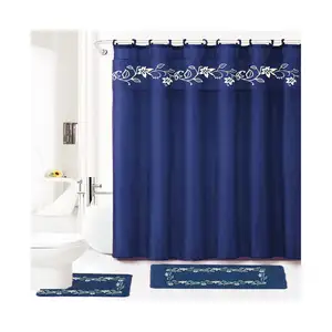 18 Pc NAVY Bath Rug Set EMB Non-Slip Bathroom Rug Mats and Rug Contour and Shower Curtain and Towels and Rings Hooks and Towel