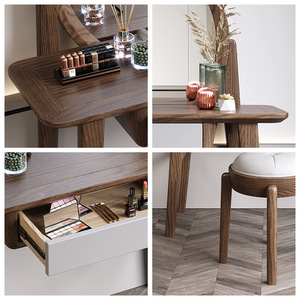 Nordic Solid Wood Dressing <b>Table</b> With <b>Mirror</b> Walnut Color Bedroom Makeup Desk Modern Minimalist Design - Product Image 5