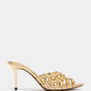 ZA2026 Nouveauté Printemps-Été Mules à <span class=keywords><strong>talon</strong></span> aiguille pointu en strass dorés brillants, laminées et de haute qualité - Product Image 3