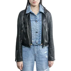 Denim patchwork leather jackets for women custom Leather Jacket leather motorcycle jacket