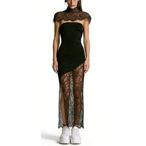 Robe longue de <span class=keywords><strong>soirée</strong></span> asymétrique moulante noire en dentelle à col halter sans bretelles pour femme Sehe Fashion - Product Image 1