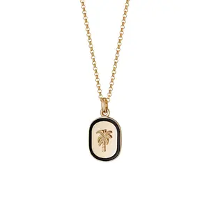 Milskye embossment 925 18ct gold plate black enamel palm tree rectangle pendant necklace