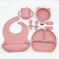 Ensemble d'alimentation pour bébé en silicone avec bavoir, assiette compartimentée, bol en forme d'ours, tasse à bec verseur, cuillère et fourchette en acier inoxydable