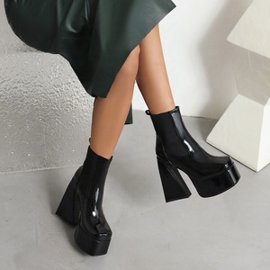 Size 46 for Big Feet Women Short Ankle Boots High <b>Block</b> Heels Platform Mirror Patent Leather Pumps Shoes Square Toe - Product Image 5