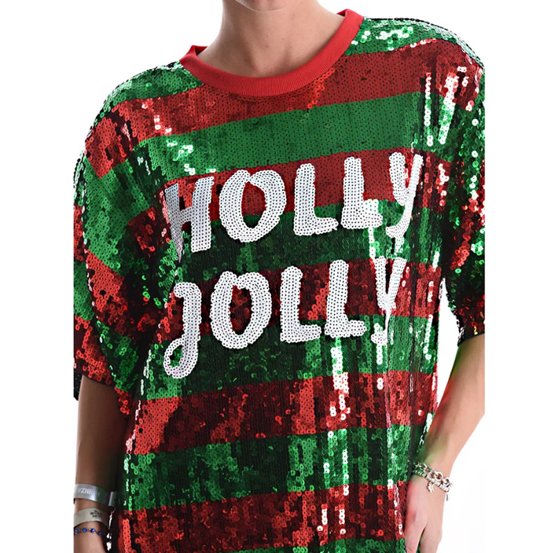 Striped Red Green Sequin Mini Dress with Short Sleeves Crew Neck Loose  Christmas Party Dress made Chiffon Fabric Woven Waistline| Alibaba.com