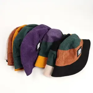 Patchwork de différentes couleurs de velours côtelé chapeau seau avec patch personnalisé logo chapeau seau