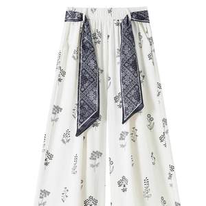 Pantalones holgados con estampado floral de verano para mujer, pantalones informales transpirables de gasa, color blanco, amarillo, azul marino - Product Image 5