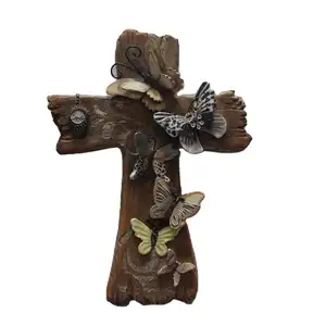 Cross Wall Art Religious Wood Texture Vintage Creative Crucifix with 3D Butterfly Decoration custom acceptable