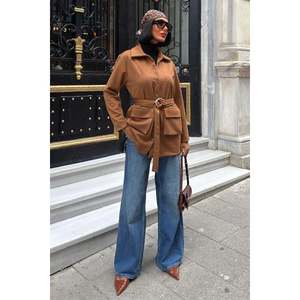 Chaqueta Camisera Midi con Cinturón Color Tabaco, Blazer Tejido de Manga Larga, Estilo Otoñal para Mujer, Talla L - Product Image 3