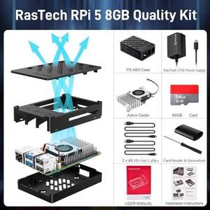 RasTech <span class=keywords><strong>Raspberry</strong></span> <span class=keywords><strong>Pi</strong></span> 5 8GB, набор для разработки, 64GB Edition, активный кулер, 27 Вт, 5, 1 в 5, 5 USB-C блок питания, считыватель карт, корпус, двойной - Product Image 2